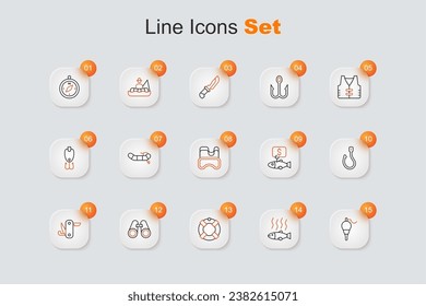 Set line Fishing float, Dead fish, Lifebuoy, Binoculars, Swiss army knife, hook, Price tag for and Diving mask icon. Vector