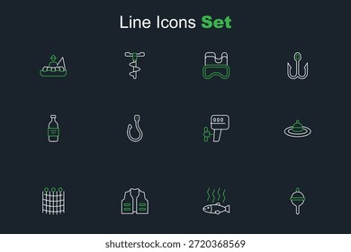 Fije la línea Flotador de la pesca, pez muerto, chaqueta, patrón neto, agua, motor fuera de borda del barco, gancho y botella del icono del vodka. Vector