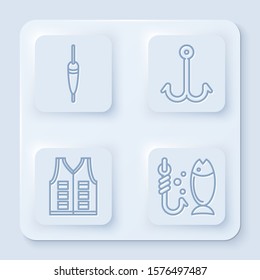 Set line Fishing float, Fishing hook, Fishing jacket and Fishing. White square button. Vector