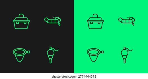 Set line Fishing float, net, Case or box for fishing equipment and Inflatable boat with motor icon. Vector