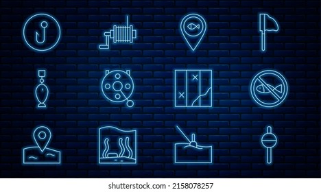 Set line Fishing float, No fishing, Location, Spinning reel for, spoon, hook, Folded map and  icon. Vector