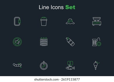 Set line Fishing float, Price tag for fish, Compass, Inflatable boat with motor, Spinning reel fishing, Aqualung, net pattern and Speaker mute icon. Vector