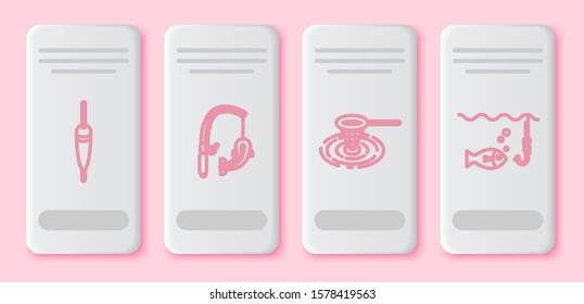 Set line Fishing float, Fishing rod and fish, Fishing net in water and Fishing hook under water with fish. White rectangle button. Vector