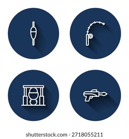Fije la línea Flotador de pesca, varilla, fogata y olla y arpón con sombra larga. Botón de círculo azul. Vector
