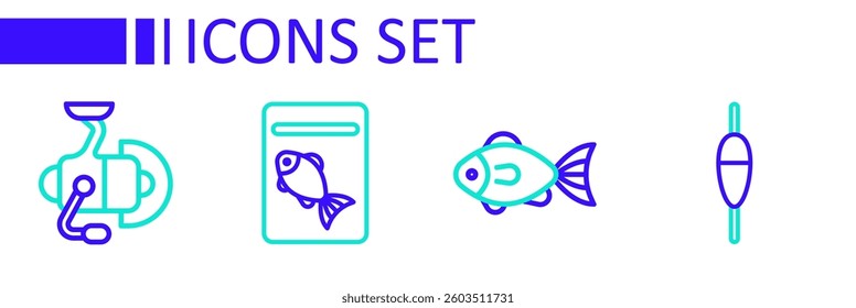 Set line Fishing float, Served fish on plate and Spinning reel for fishing icon. Vector
