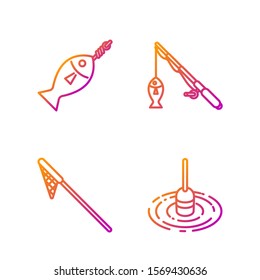 Set line Fishing float in water, Fishing net, Fish on hook and Fishing rod and fish. Gradient color icons. Vector