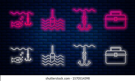 Set line Fishing float in water, Fishing hook under water, Fishing hook under water with fish and Case or box container for wobbler and gear fishing equipment. Glowing neon icon on brick wall. Vector