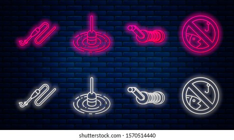 Set line Fishing float in water, Spinning reel for fishing, Fishing line with hook and float and No fishing. Glowing neon icon on brick wall. Vector