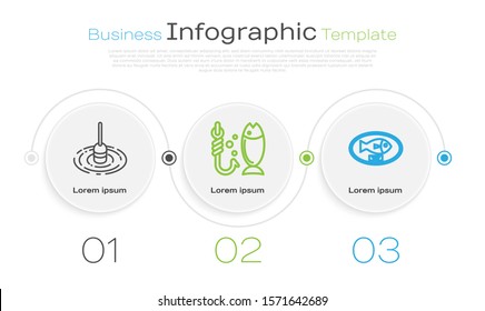 Set line Fishing float in water, Fishing and Fish trophy hanging on the board. Business infographic template. Vector
