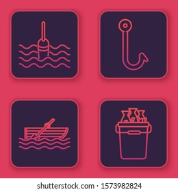 Set line Fishing float in water, Fishing boat with oars on water, Fishing hook and Fishing bucket with fishes. Blue square button. Vector