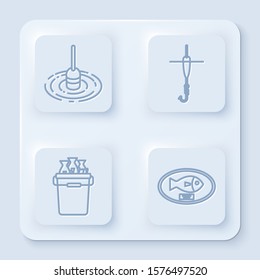 Set line Fishing float in water, Fishing hook and float, Fishing bucket with fishes and Fish trophy hanging on the board. White square button. Vector