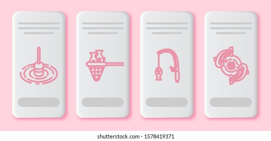 Set line Fishing float in water, Fishing net with fish, Fishing rod and fish and Fish. White rectangle button. Vector