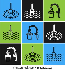 Set line Fishing float in water, Fishing rod and fish and Fishing float in water icon. Vector