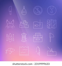 Angeln in Wasser schwimmen, Netz mit Fischen, Geflossene Karte, kein Fischen, Boot auf, Krebse, Knife und Haken Symbol. Vektorgrafik