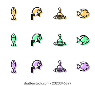 Set line Fishing float in water, lure, rod and fish and  icon. Vector