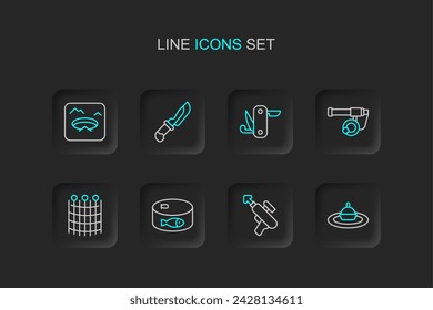 Set line Fishing float in water, harpoon, Canned fish, net pattern, rod, Swiss army knife, Knife and Winter fishing icon. Vector