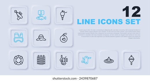 Set line Fishing float in water, Fisherman hat, Swiss army knife, Diving mask, net pattern, Price tag for fish and Spinning reel fishing icon. Vector