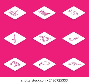 Set line Fishing float in water, boat with fishing rod on, hook, lure and spoon icon. Vector
