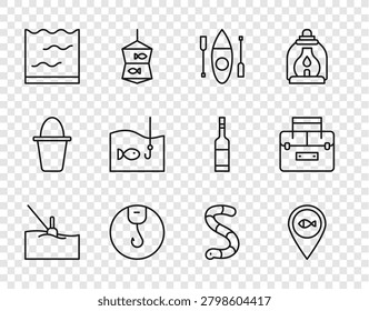 Set line Fishing float in water, Location fishing, Kayak or canoe, hook, Aquarium, with, Worm and Case container for wobbler icon. Vector