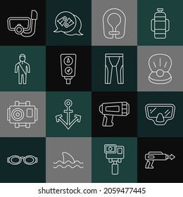 Set line Fishing harpoon, Diving mask, Pearl, Life jacket, Gauge scale, Wetsuit for scuba diving, with snorkel and  icon. Vector
