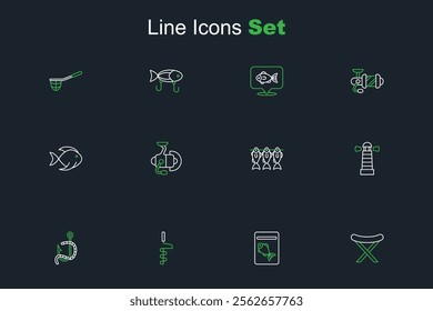 Set line Fishing harpoon, Served fish plate, Hand ice drill, hook worm, Lighthouse, Case box for fishing equipment, Spinning reel and bucket with icon. Vector