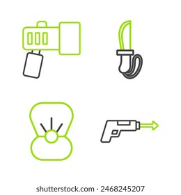 Set line Fishing harpoon, Shell with pearl, Knife and Flashlight icon. Vector