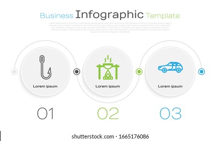 Set line Fishing hook, Campfire and pot and Car. Business infographic template. Vector