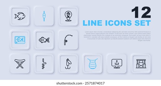 Set line Fishing hook, Campfire and pot, net, finder echo sounder, Hand ice drill, float and lure icon. Vector