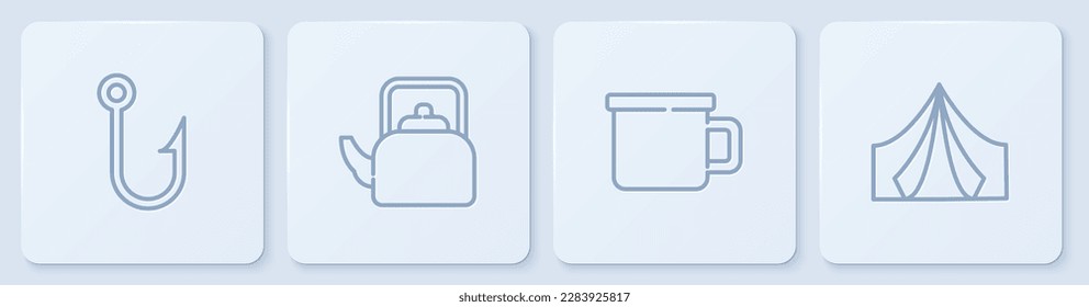 Set line Fishing hook, Camping metal mug, Kettle with handle and Tourist tent. White square button. Vector