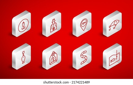 Set line Fishing hook with fish, Fisherman, Location fishing, lure, Worm, Camping lantern and spoon icon. Vector