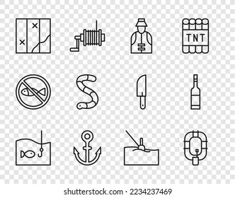 Set line Fishing hook with fish, Inflatable boat, Fisherman, Anchor, Folded map, Worm, float water and Bottle of vodka icon. Vector