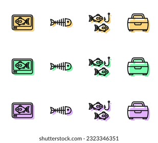 Set line Fishing hook with fish, finder echo sounder, skeleton and Case or box for fishing equipment icon. Vector