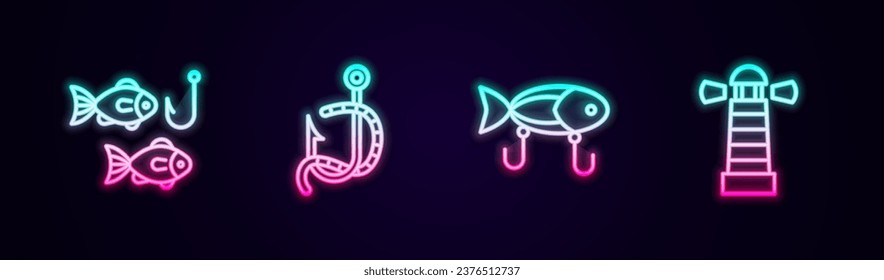 Ponga en línea el anzuelo de pesca con peces, gusanos, señuelo y faro. Icono de neón brillante. Vector