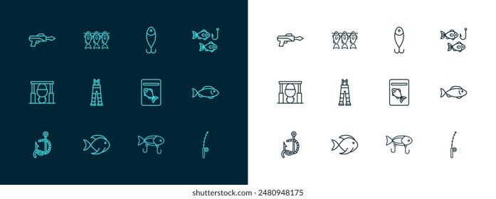 Set line Fishing hook with fish, Served on plate, lure, Fisherman pants, harpoon and Dried icon. Vector