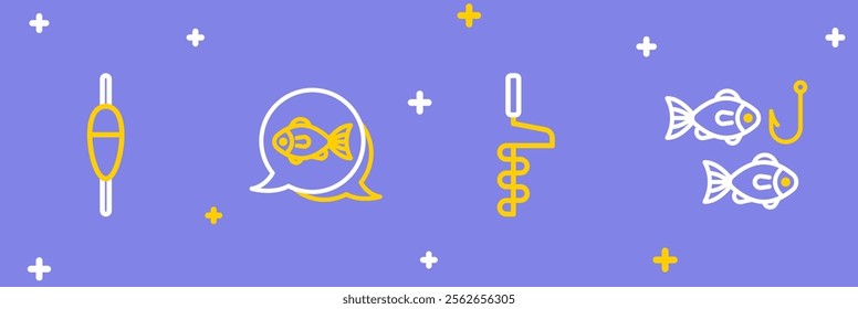 Set line Fishing hook with fish, Hand ice drill,  and float icon. Vector