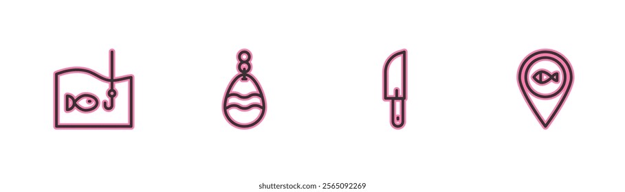 Set line Fishing hook with fish, Knife, spoon and Location fishing icon. Vector