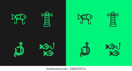 Set line Fishing hook with fish, and worm, lure and Lighthouse icon. Vector