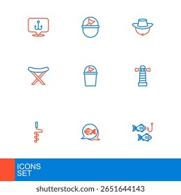 Set line Fishing hook with fish, Hand ice drill, Lighthouse, harpoon, Fisherman hat, Dried and bucket icon. Vector