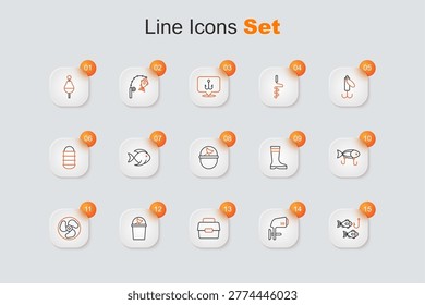 Set line Fishing hook with fish, Outboard boat motor, Case box for fishing, Fisherman hat, lure, boots and bucket icon. Vector