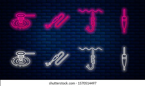 Set line Fishing line with hook and float, Fishing hook under water, Fishing net in water and Fishing float. Glowing neon icon on brick wall. Vector