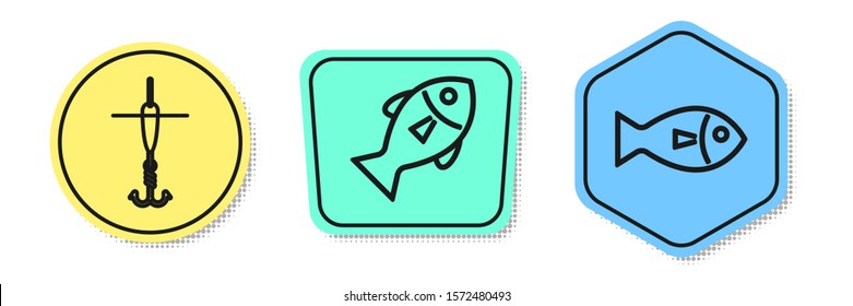 Set line Fishing hook and float, Fish and Fish. Colored shapes. Vector