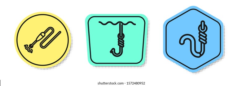 Set line Fishing line with hook and float, Fishing hook under water and Fishing hook and worm. Colored shapes. Vector