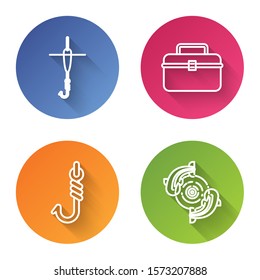 Set line Fishing hook and float, Case or box container for wobbler and gear fishing equipment, Fishing hook and Fish. Color circle button. Vector