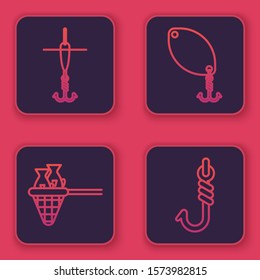 Set line Fishing hook and float, Fishing net with fish, Fishing spoon and Fishing hook. Blue square button. Vector