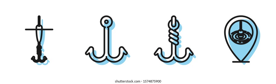 Set line Fishing hook, Fishing hook and float, Fishing hook and Location fishing icon. Vector