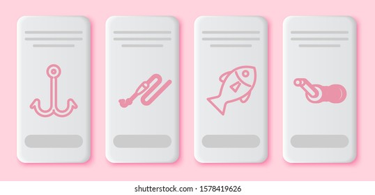 Set line Fishing hook, Fishing line with hook and float, Fish and Spinning reel for fishing. White rectangle button. Vector