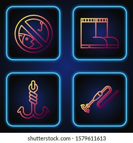 Set line Fishing line with hook and float, Fishing hook, No fishing and Fishing boots. Gradient color icons. Vector