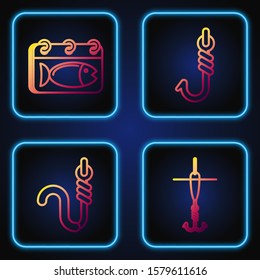 Set line Fishing hook and float, Fishing hook and worm, Calendar with a fish and Fishing hook. Gradient color icons. Vector