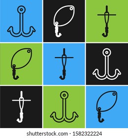 Set line Fishing hook, Fishing hook and float and Fishing spoon icon. Vector