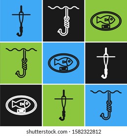 Set line Fishing hook and float, Fish trophy hanging on the board and Fishing hook under water icon. Vector
